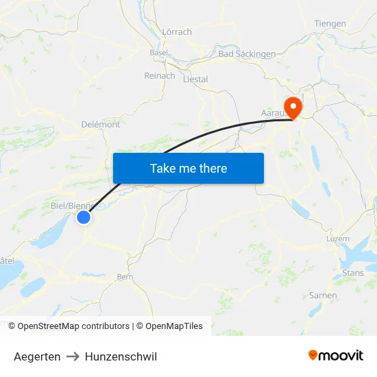 Aegerten to Hunzenschwil map