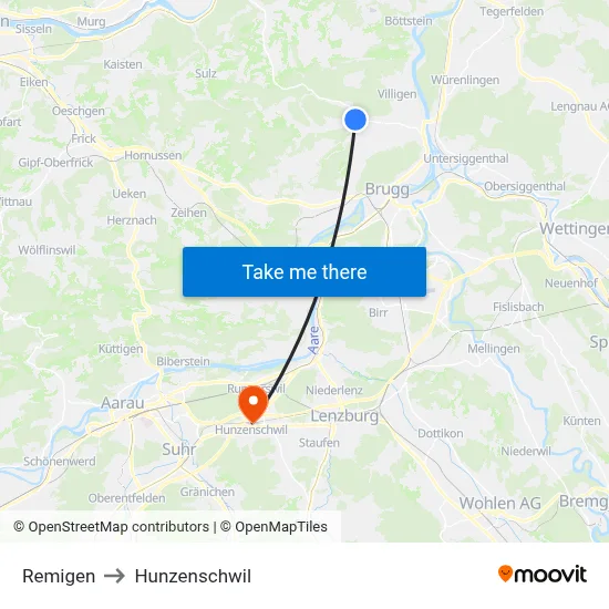 Remigen to Hunzenschwil map