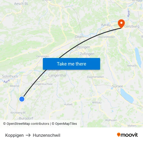 Koppigen to Hunzenschwil map