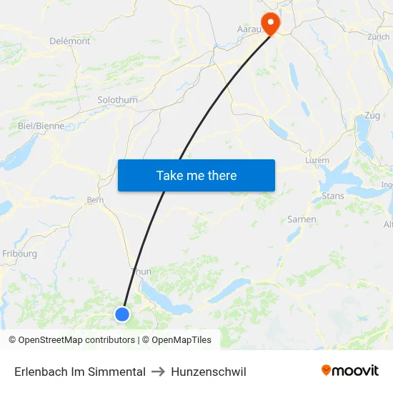Erlenbach Im Simmental to Hunzenschwil map