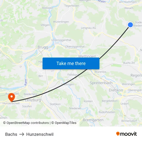 Bachs to Hunzenschwil map