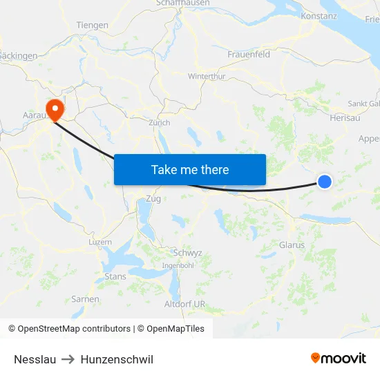 Nesslau to Hunzenschwil map