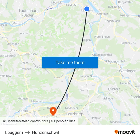 Leuggern to Hunzenschwil map