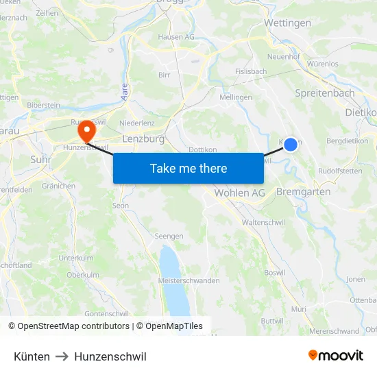 Künten to Hunzenschwil map