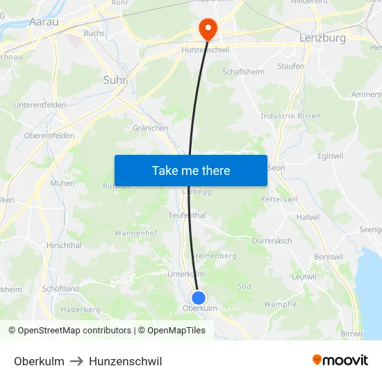 Oberkulm to Hunzenschwil map