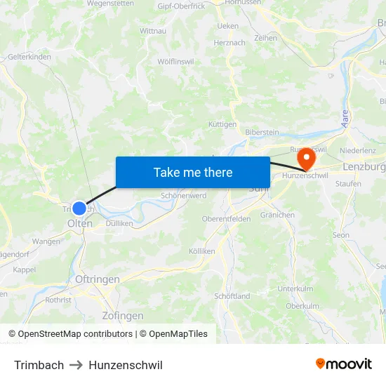 Trimbach to Hunzenschwil map