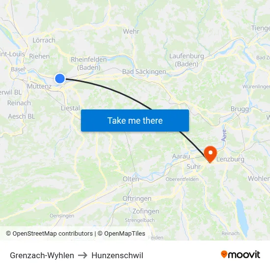 Grenzach-Wyhlen to Hunzenschwil map