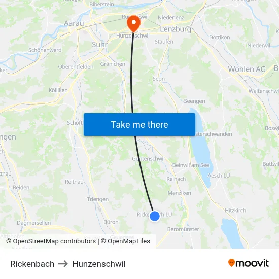 Rickenbach to Hunzenschwil map