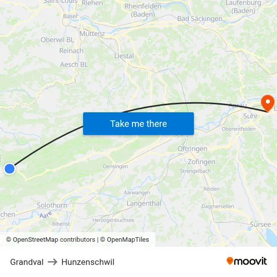 Grandval to Hunzenschwil map