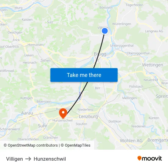 Villigen to Hunzenschwil map
