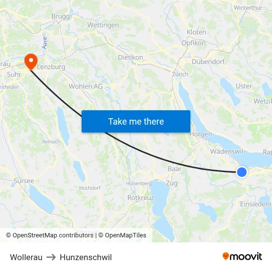 Wollerau to Hunzenschwil map