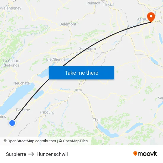 Surpierre to Hunzenschwil map