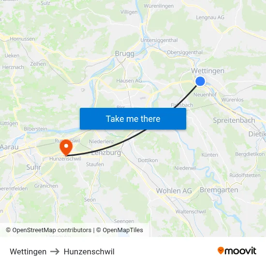 Wettingen to Hunzenschwil map