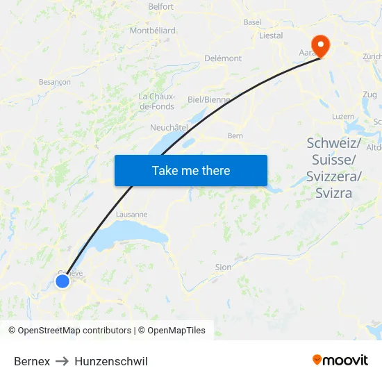 Bernex to Hunzenschwil map