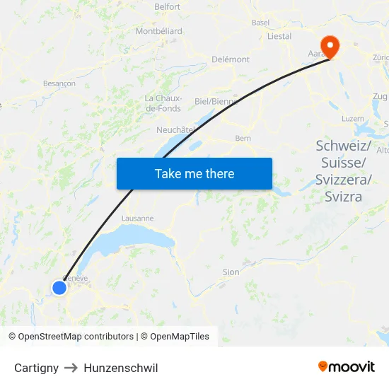 Cartigny to Hunzenschwil map