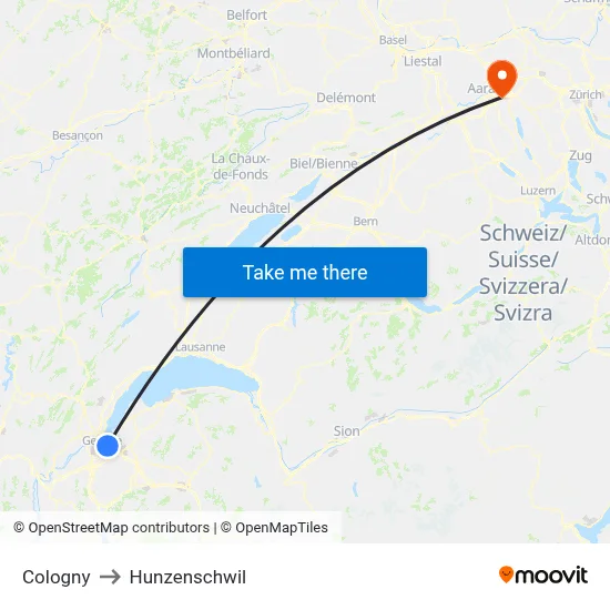Cologny to Hunzenschwil map
