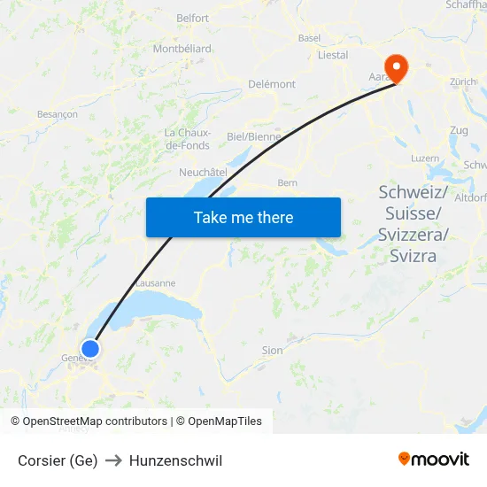 Corsier (Ge) to Hunzenschwil map