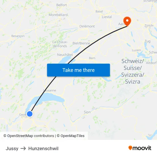 Jussy to Hunzenschwil map