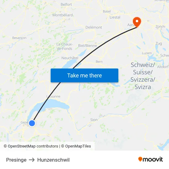 Presinge to Hunzenschwil map