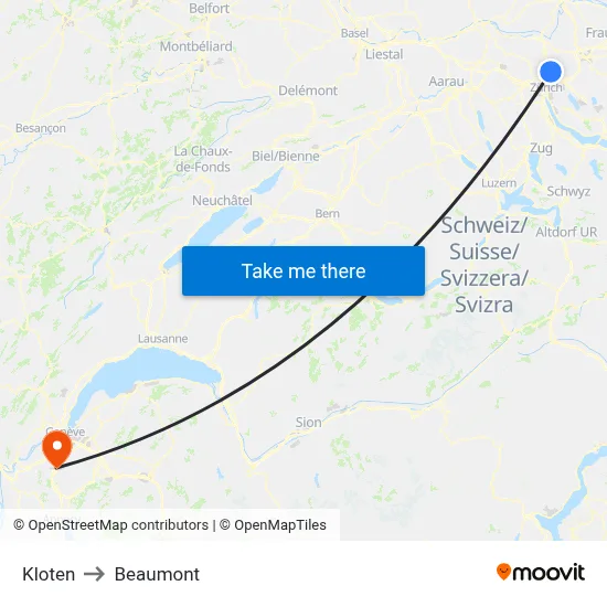 Kloten to Beaumont map