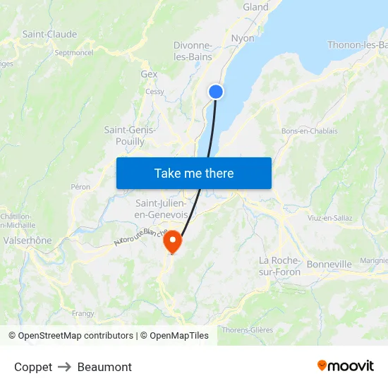 Coppet to Beaumont map