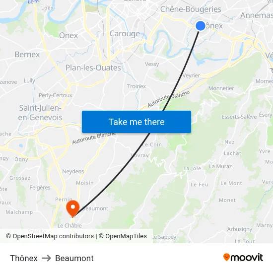 Thônex to Beaumont map