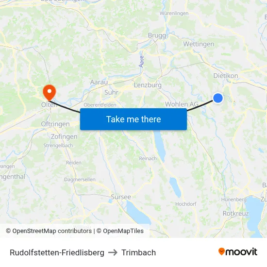 Rudolfstetten-Friedlisberg to Trimbach map