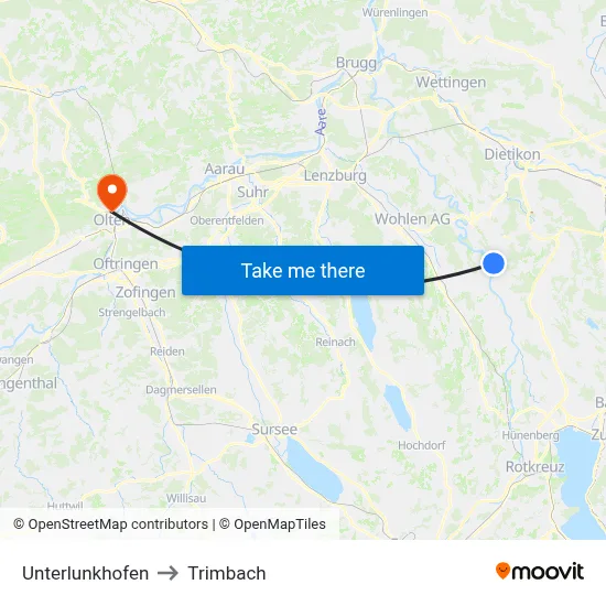 Unterlunkhofen to Trimbach map
