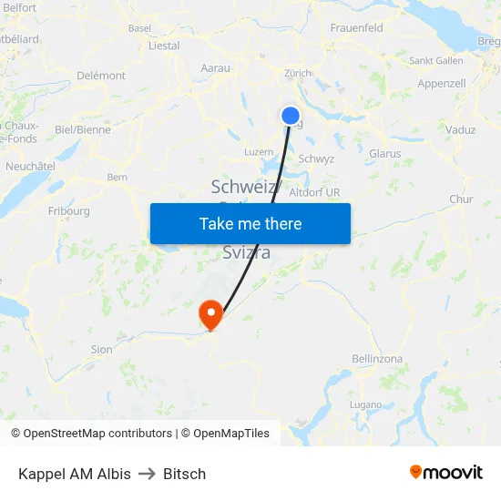 Kappel AM Albis to Bitsch map