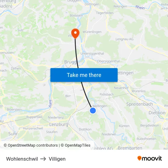 Wohlenschwil to Villigen map