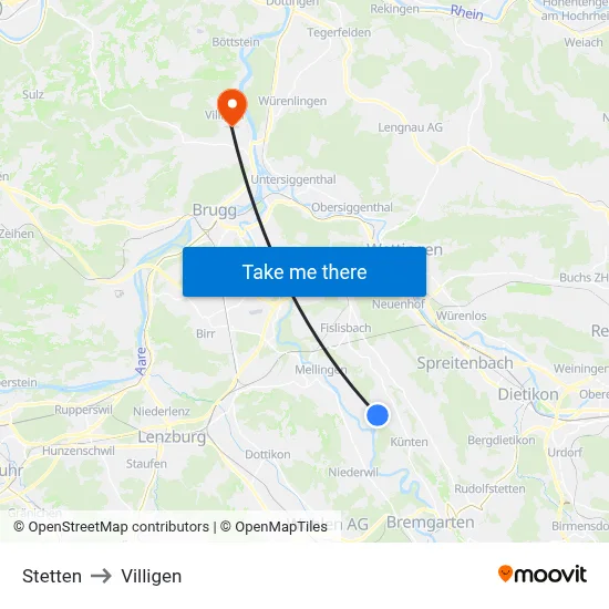 Stetten to Villigen map