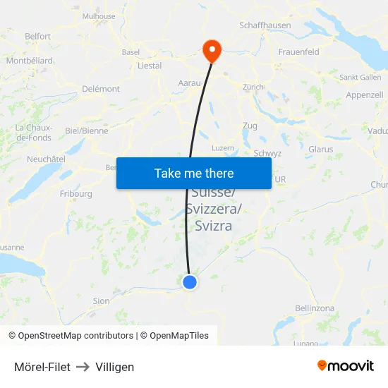 Mörel-Filet to Villigen map