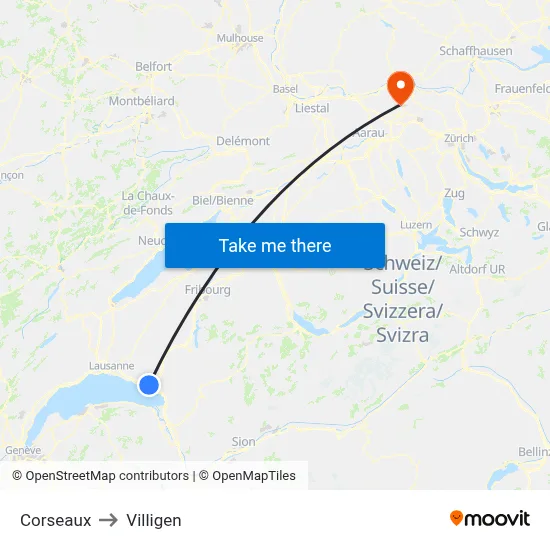 Corseaux to Villigen map