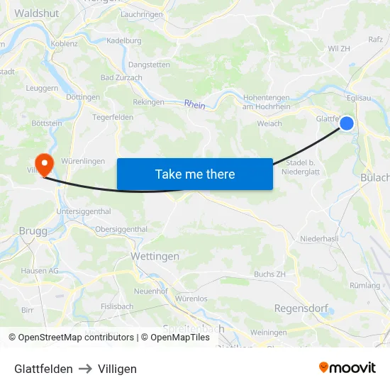 Glattfelden to Villigen map
