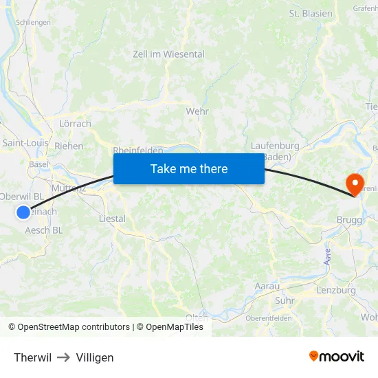 Therwil to Villigen map