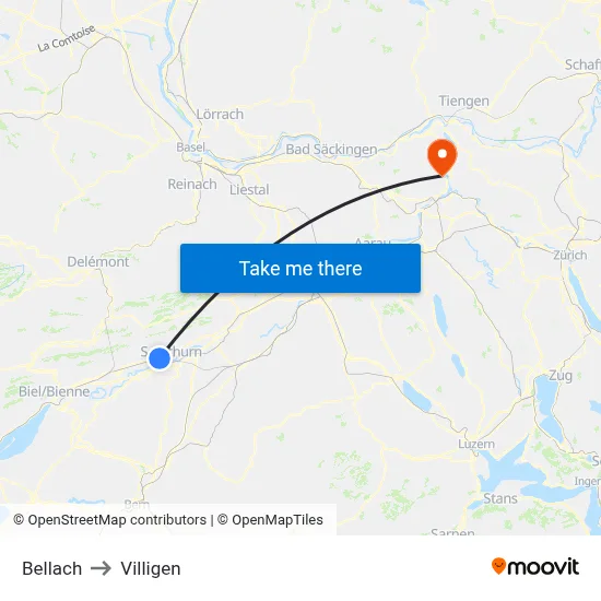 Bellach to Villigen map