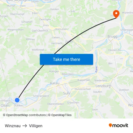 Winznau to Villigen map