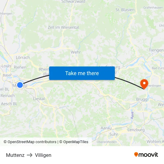 Muttenz to Villigen map