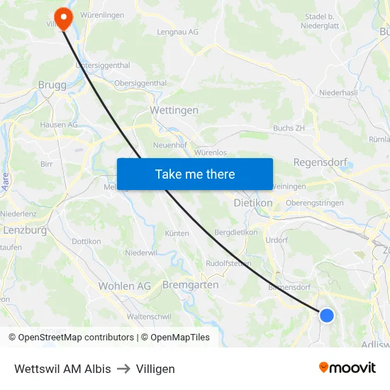 Wettswil AM Albis to Villigen map