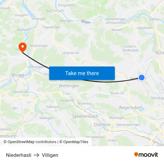 Niederhasli to Villigen map