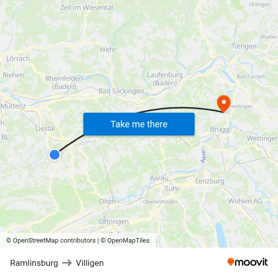 Ramlinsburg to Villigen map