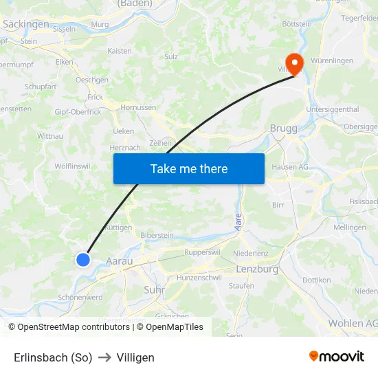 Erlinsbach (So) to Villigen map