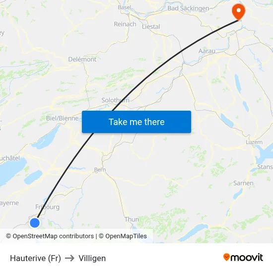 Hauterive (Fr) to Villigen map