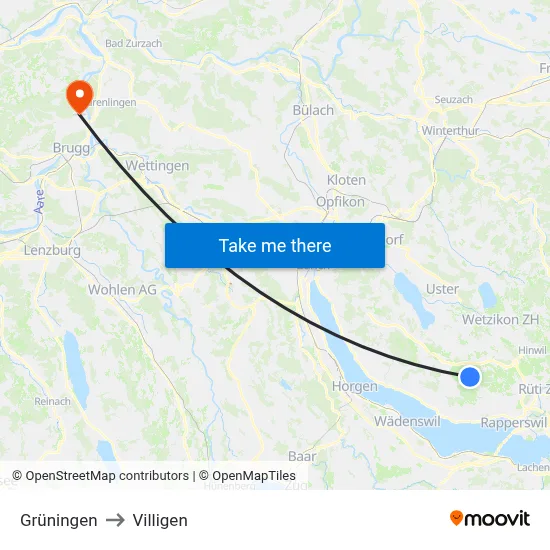 Grüningen to Villigen map