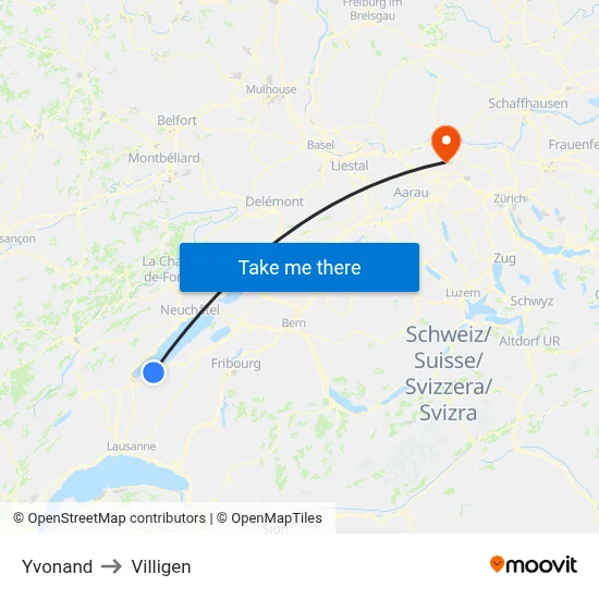 Yvonand to Villigen map