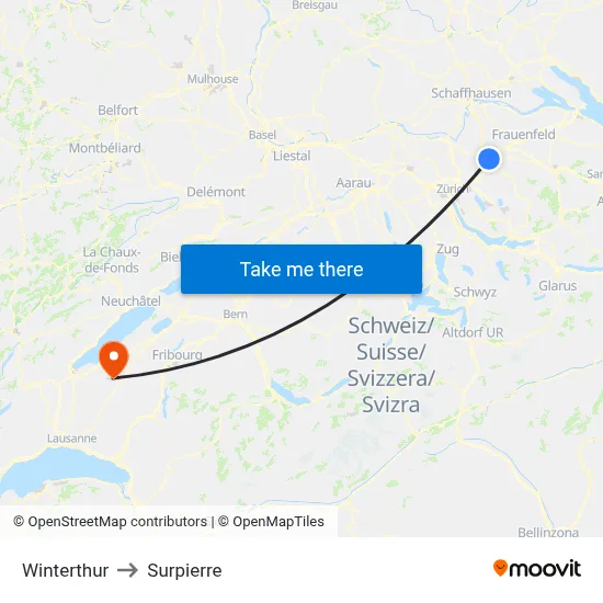 Winterthur to Surpierre map