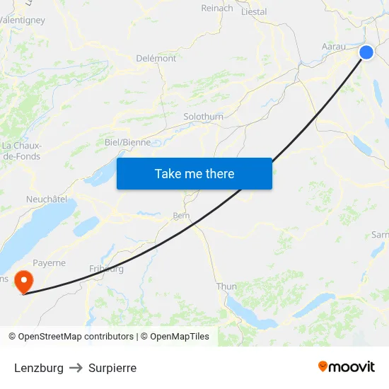 Lenzburg to Surpierre map