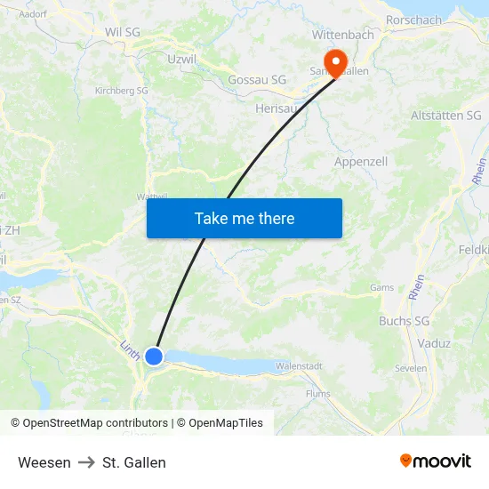 Weesen to St. Gallen map