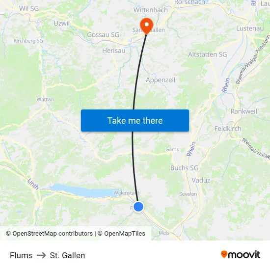 Flums to St. Gallen map