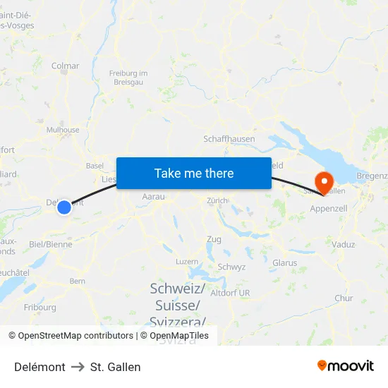 Delémont to St. Gallen map